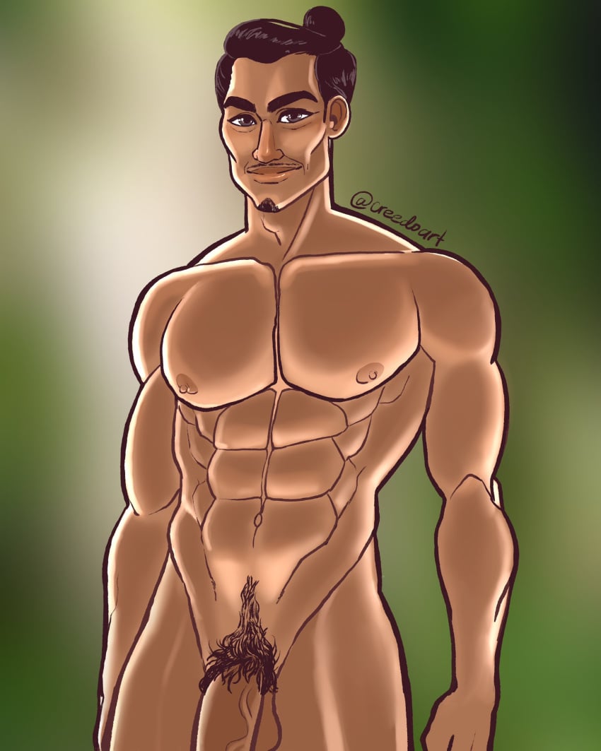 1boy abs asian asian_male balls beard bun_hair chief_benja creedo dilf disney father male male_only muscles muscular muscular_male mustache nipples nude penis pubic_hair raya_and_the_last_dragon smile testicles