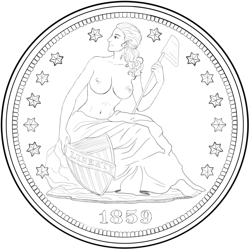 1girls coin commission currency female historical large_breasts light-skinned_female line_art long_hair monochrome sitting solo star