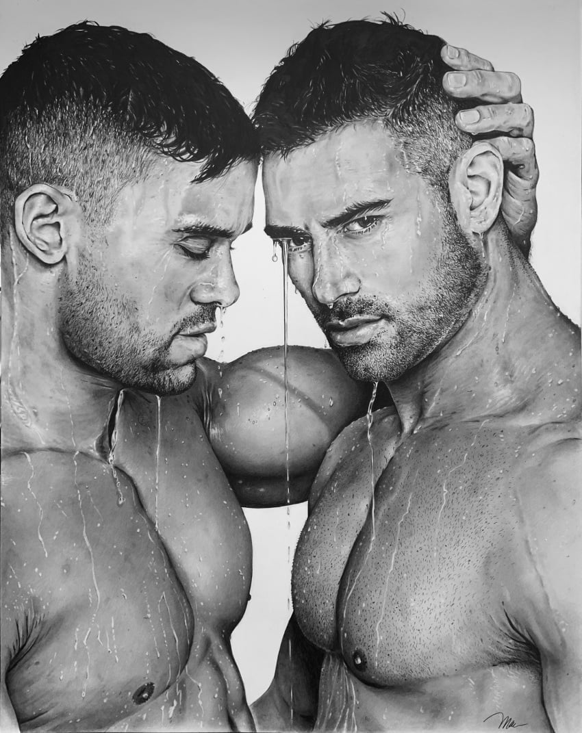 black_and_white brad_welch_art fitness_model gay jonathan_guijarro latino looking_at_viewer male male_only muscles muscular muscular_male onlyfans_model pencil_(artwork) real_person sketch uncolored vladimir_ernesto_moran water wet