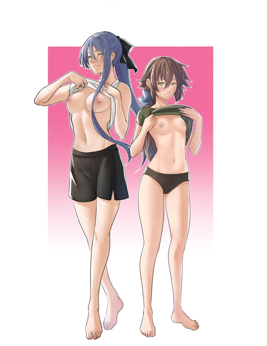 2girls bare_legs barefoot black_panties blue_hair breasts breasts_out brown_hair clothes_lift female female_only flashing green_eyes grin laura_s._arseid lifted_by_self long_hair medium_breasts multiple_girls nipples panties pomelomelon ponytail presenting shirt shorts small_breasts smile tank_top towa_herschel trails_of_cold_steel underwear yellow_eyes