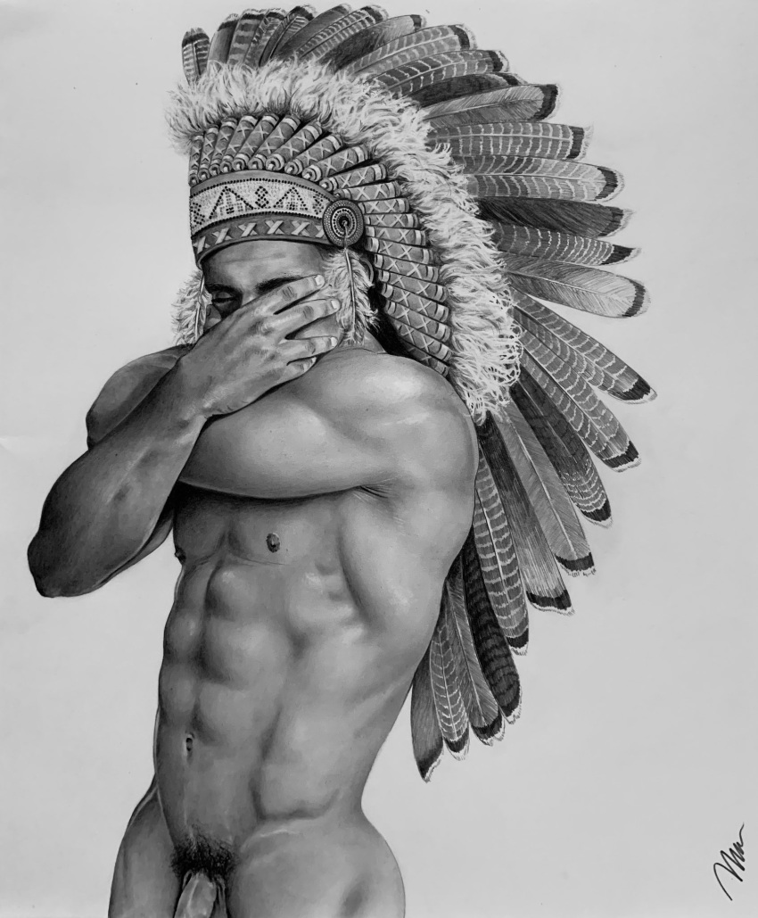 black_and_white brad_welch_art covering_face male male_only melanin muscles muscular muscular_male native_american_headdress pencil_(artwork) penis_peek sketch uncolored veiny_penis