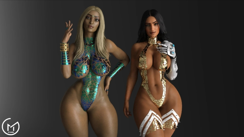 2girls 3d apex_legends big_ass black_hair black_tape_project blizzard_entertainment blonde_hair dark-skinned_female duo female female_only gm_studios gold_tape green_eyes indian indian_female looking_at_viewer metal_arm overwatch rampart_(apex_legends) respawn_entertainment robotic_arm solo_female symmetra tan-skinned_female tan_skin thick_thighs