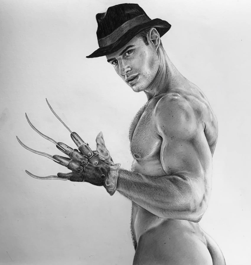 1boy ass black_and_white brad_welch_art butt caucasian caucasian_male claws fashion_model freddy_krueger_(cosplay) kolos_balazs looking_at_viewer male male_model male_only muscles muscular muscular_male nightmare_on_elm_street pencil_(artwork) real_person sketch solo solo_male teasing treasure_trail uncolored