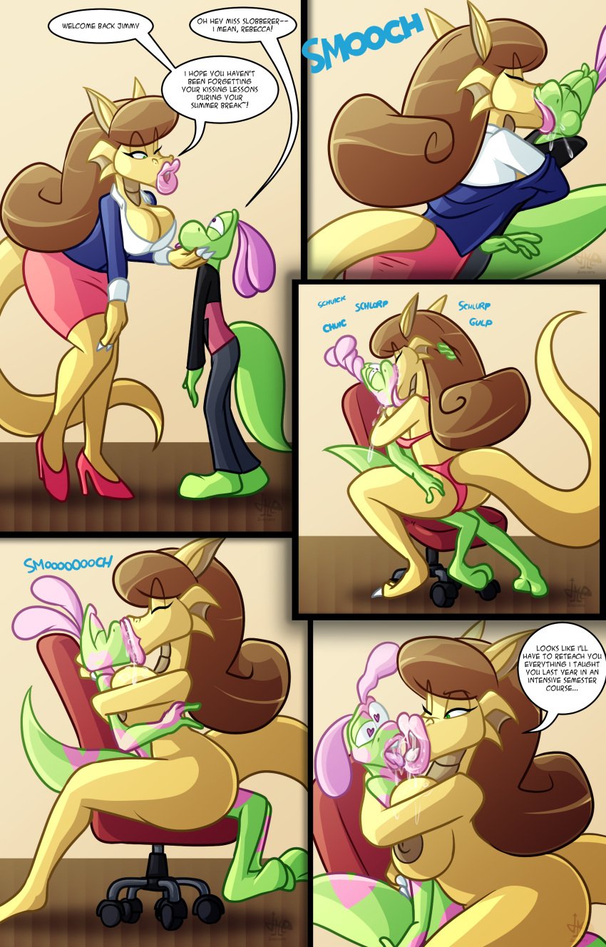 1:1 2d 2d_(artwork) absurd_res anthro big_lips breasts brown_hair chair comic cowgirl_position dialogue dragon dragon_girl dragon_tail duo female flirting gecko green_body green_eyes heels hi_res hourglass_figure jamearts jimmy_(jamearts) kiss kiss_mark kissing large_breasts lipstick lizard lizardman long_hair makeup male male/female mature_female mwah naked naked_female naked_male nipples nude nude_female nude_male office_clothing pink_hair pointy_ears rebecca_(jamearts) reptile saliva saliva_drip saliva_string saliva_trail scalie sitting sitting_on_chair sitting_on_lap skirt smooch student student_and_teacher tail teacher teacher_and_student teacher_outfit yellow_body