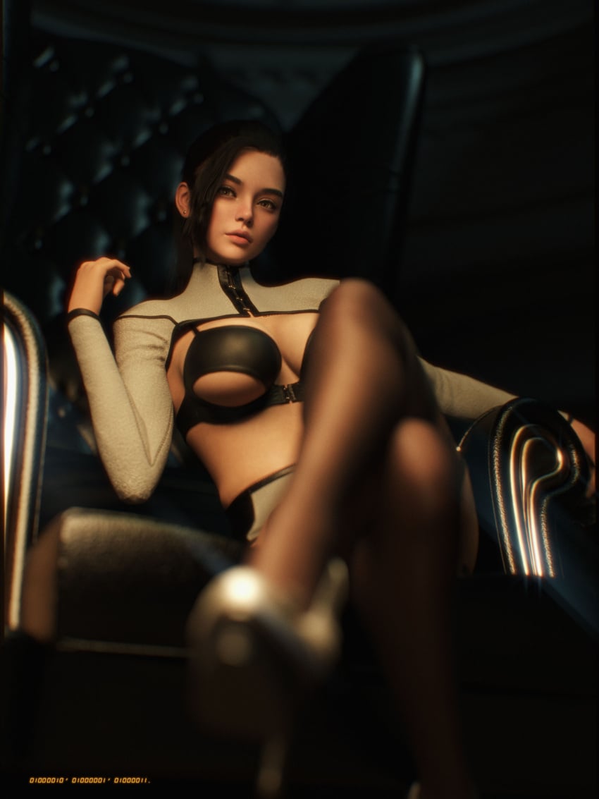 1girls 2022 3d asian asian_female black_hair bra clothed clothing depth_of_field female female_only indoors large_breasts looking_at_viewer seated shoelac3 sitting slushe_(website) solo solo_female underboob