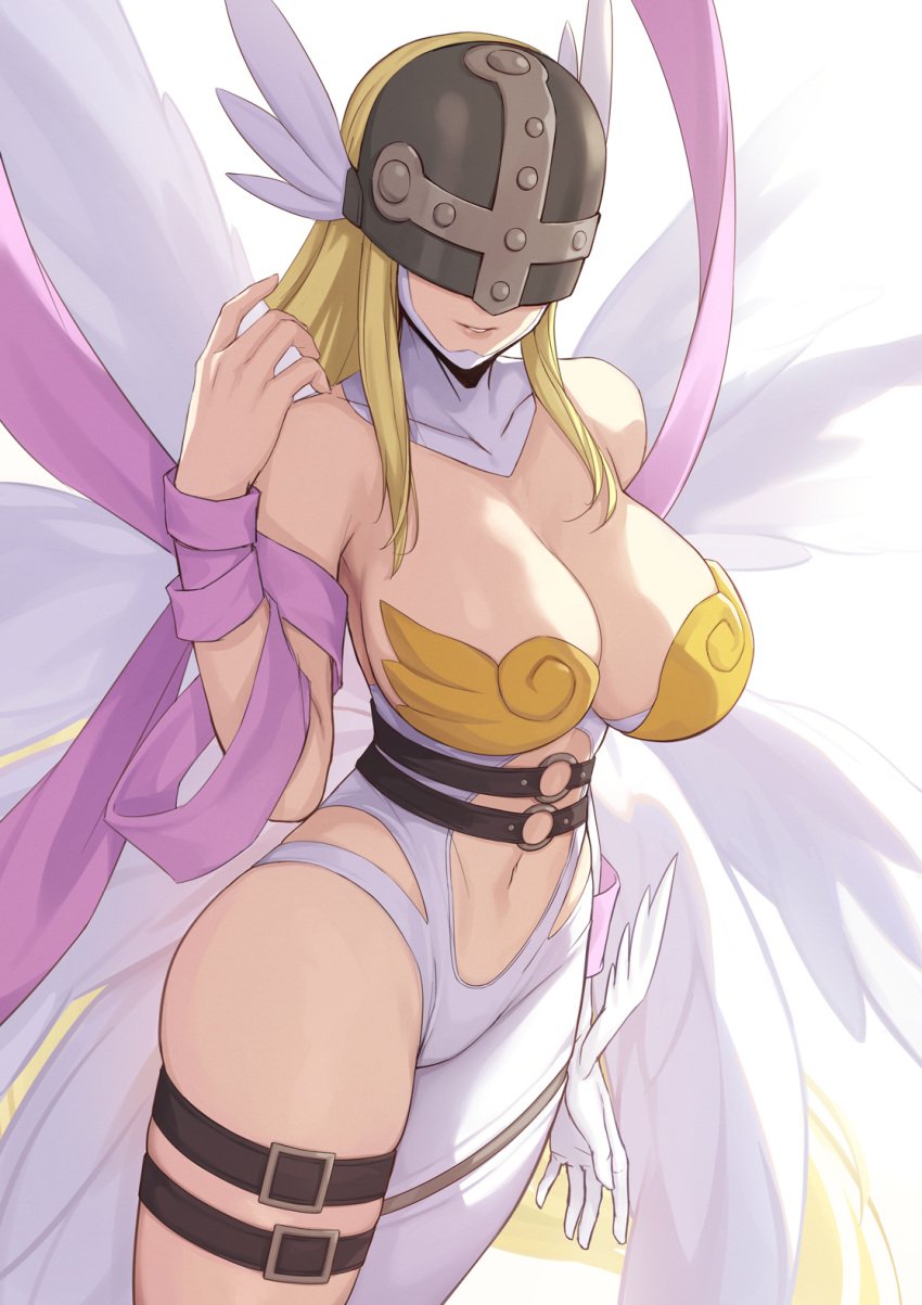 1girls 8_wings angel_wings angewomon asymmetrical_clothes bare_shoulders belt big_breasts blonde_hair cleavage clothed covered_eyes cropped_legs digimon digimon_(species) elbow_gloves evan_yang feathered_wings female female_only gloves head_wings helmet large_breasts long_hair looking_at_viewer multi_wing navel ribbon shawl simple_background smile solo solo_female standing thigh_strap white_background winged_helmet wings wrist_wings