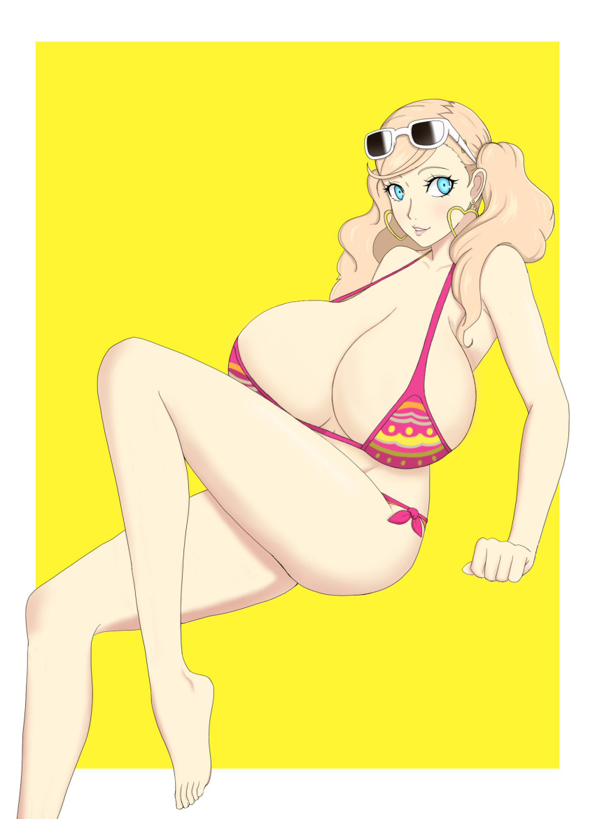 alternate_breast_size ann_takamaki big_breasts bikini blonde_hair blue_eyes byleths200 cleavage clothed edit eyewear_on_head huge_breasts nahone_peko persona persona_5 smile sunglasses sunglasses_on_head swimsuit twintails