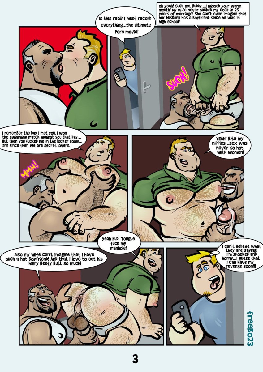 3boys ass balls biting clothed clothing comic dialogue dick english_text erection freebo23 from_behind human imminent_sex kissing male male/male male_only muscular_male nipples partially_clothed pecs presenting_ass sequence submissive_male text yaoi