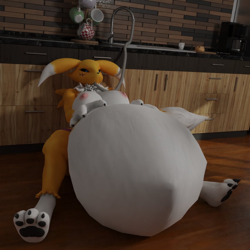 anthro bandai_namco belly belly_expansion belly_inflation big_belly blender_(software) breasts coolboy01fa digimon digimon_(species) female hi_res hose_in_mouth hose_inflation hyper hyper_belly inflation kitchen renamon sink solo water_inflation white_body yellow_body