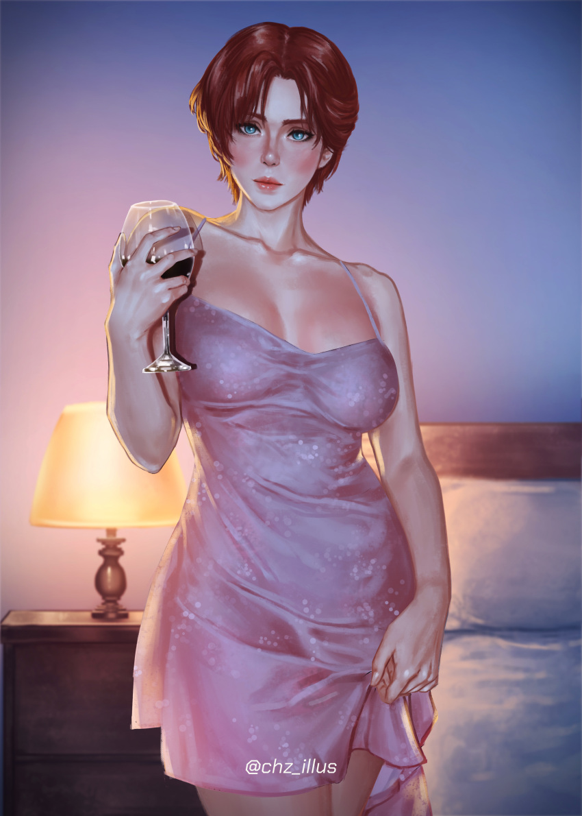 1girls bed bedroom big_breasts blue_eyes blush dress dress_lift female female_focus female_only glass_of_wine huge_breasts light-skinned_female light_skin lips lipstick looking_at_viewer milf original realistic red_hair short_hair solo solo_female solo_focus very_short_hair waist wine wine_glass wolowizard