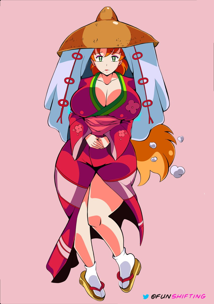 big_ass big_breasts big_butt big_thighs canon_genderswap fox_tail gender_transformation genderswap_(mtf) green_eyes inuyasha kimono kitsune makeup nervous orange_hair poof_transformation rule_63 shape_shifter shapeshifter shapeshifting shiftingfun shippo thick thick_legs transformation worried_expression