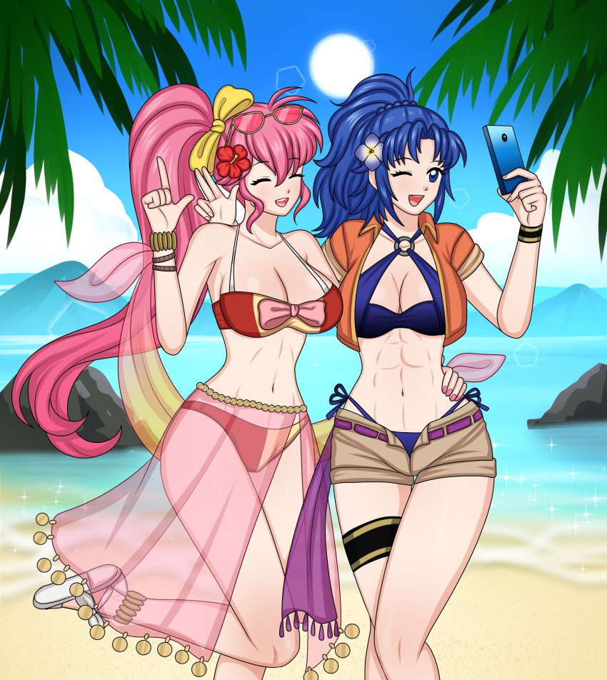 2girls ;d abs alternate_costume arm_around_waist bikini blue_bikini blue_eyes blue_hair blue_swimsuit breasts cleavage closed_eyes female female_only fire_emblem fire_emblem:_mystery_of_the_emblem fire_emblem:_new_mystery_of_the_emblem hug kris_(female)_(fire_emblem) kris_(fire_emblem) large_breasts long_hair loutaniart medium_hair multiple_girls nail_polish nintendo one_eye_closed open_mouth outdoors palm_tree phina_(fire_emblem) phone pink_hair pink_nails ponytail pose sandals sarong see-through selfie shorts smartphone smile swimsuit tree very_long_hair wink