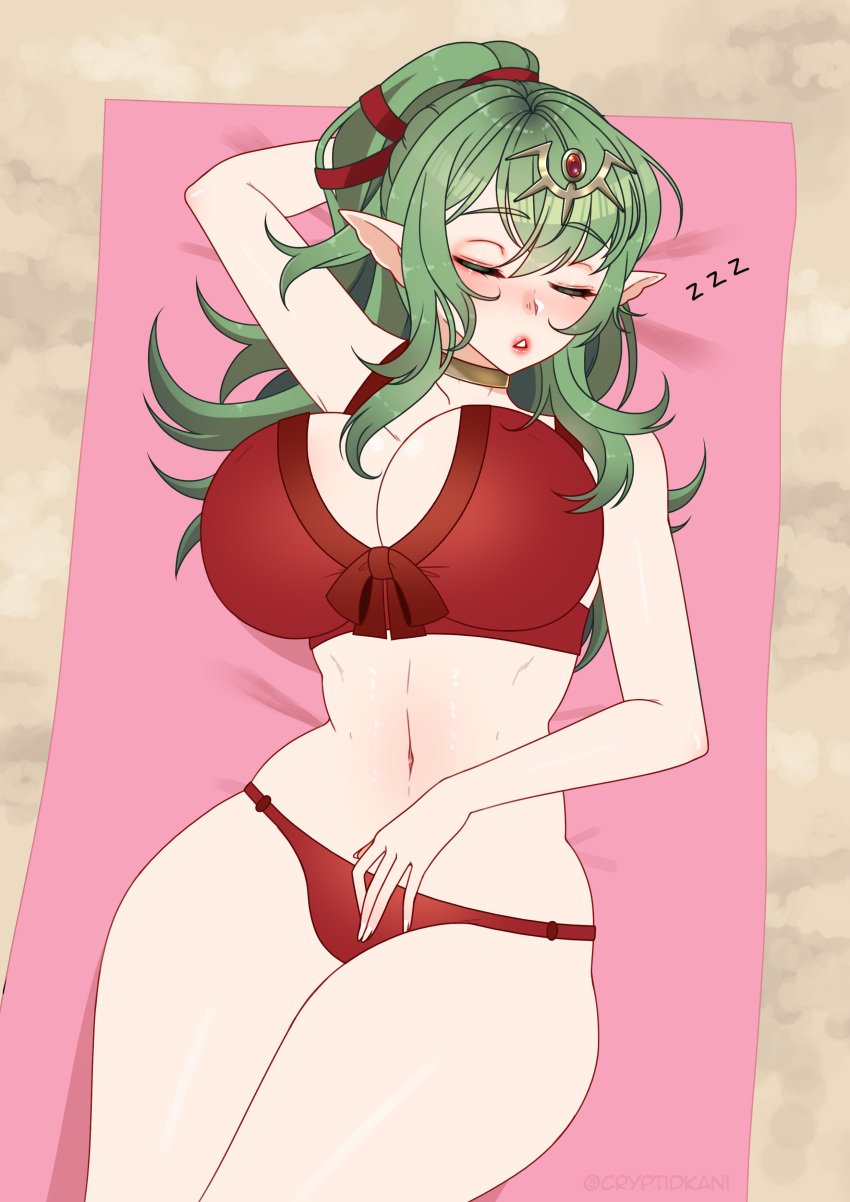 1girls bare_thighs beach bikini breasts bursting_breasts cleavage closed_eyes cryptid_crab female female_only fire_emblem fire_emblem_awakening fire_emblem_heroes green_hair large_breasts long_hair nintendo on_back on_towel outdoors pointy_ears ponytail red_bikini red_swimsuit sand sleeping solo swimsuit thick_thighs thighs tiki_(adult)_(fire_emblem) tiki_(adult)_(summer)_(fire_emblem) tiki_(fire_emblem) towel zzz