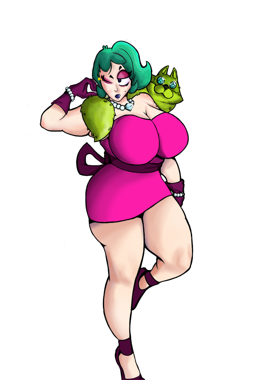 big_ass big_breasts brawl_stars breast_grab clothing green_hair huge_ass huge_breasts huge_legs lola_(brawl_stars) video_games white_background