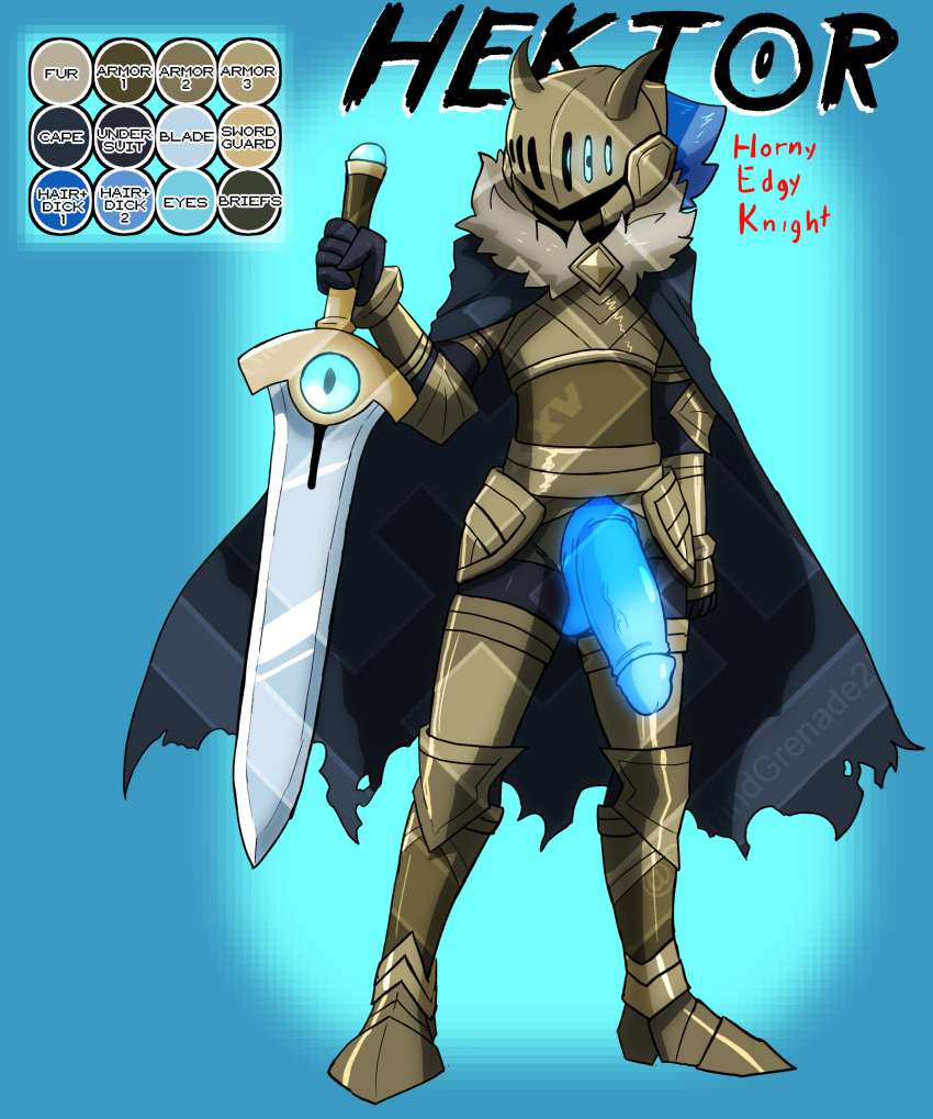 1_eye armor blue_hair cape clothing diamond_grenadier fur_collar generation_6_pokemon genitals ghost glowing glowing_eyes glowing_genitalia glowing_penis hair hektor_the_horny_edgy_knight hi_res holding_object holding_sword holding_weapon honedge humanoid knight male melee_weapon nintendo penis pokemon pokemon_(species) pokemon_humanoid pokemorph poking_out solo spirit sword torn_clothing undead video_games warrior weapon