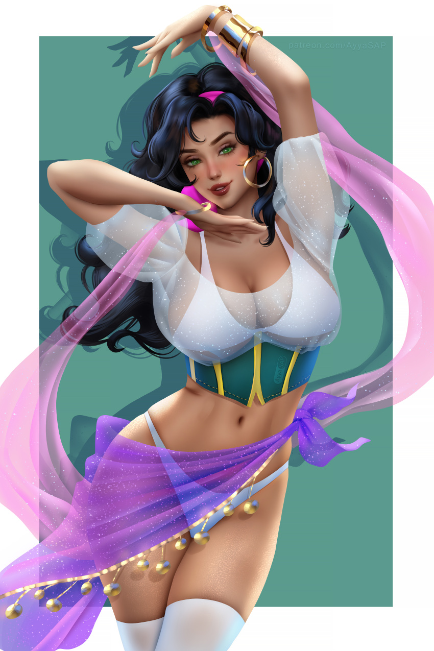 ayyasap big_hips black_hair bracelet brown-skinned_female brown_skin disney earrings esmeralda green_eyes gypsy gypsy_dancer large_breasts looking_at_viewer sash see-through slim_waist standing the_hunchback_of_notre_dame thick_thighs thighhighs white_bra white_panties