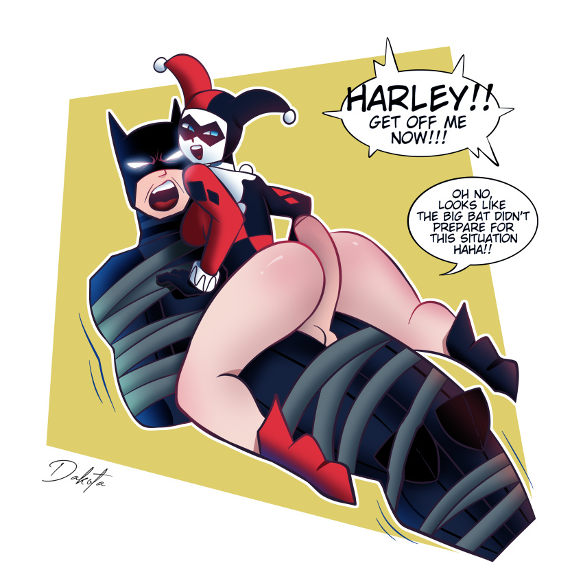 1boy 1girls 2022 ass batman batman_(series) big_ass big_penis bodysuit bondage bruce_wayne buttjob dakota dakota018 dc dc_comics dialogue duct_tape femdom gloves harley_quinn harley_quinn_(classic) malesub partially_clothed penetration speech_bubble thick_thighs tied_up uncut