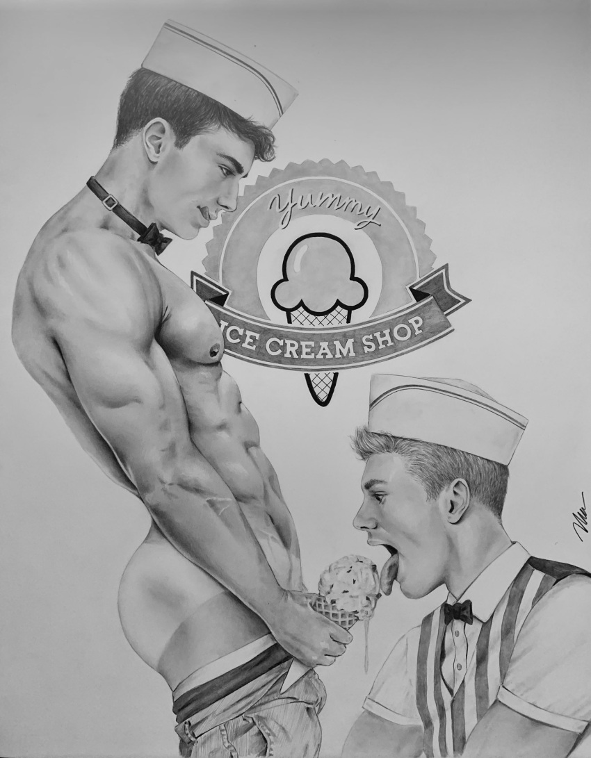 black_and_white brad_welch_art english_text gay graphite_(artwork) ice_cream ice_cream_parlor licking licking_ice_cream licking_lips male male_only muscles muscular muscular_male pants_down pencil_(artwork) sketch tongue_out uncolored