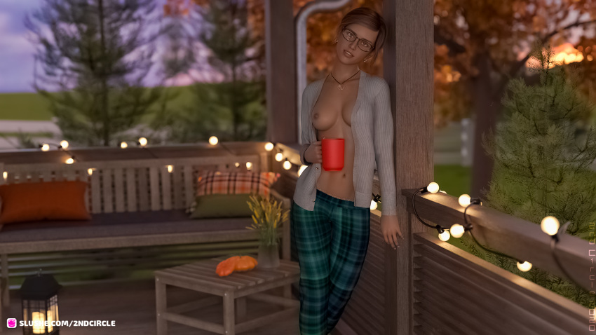 1girls 2020 2c3d 3d autumn brown_hair cali_(2c3d) depth_of_field female female_only glasses holding_drink holding_object light_brown_hair looking_at_viewer necklace no_bra open_shirt original_character outdoor_nudity outdoors outside slushe_(website) solo solo_female standing