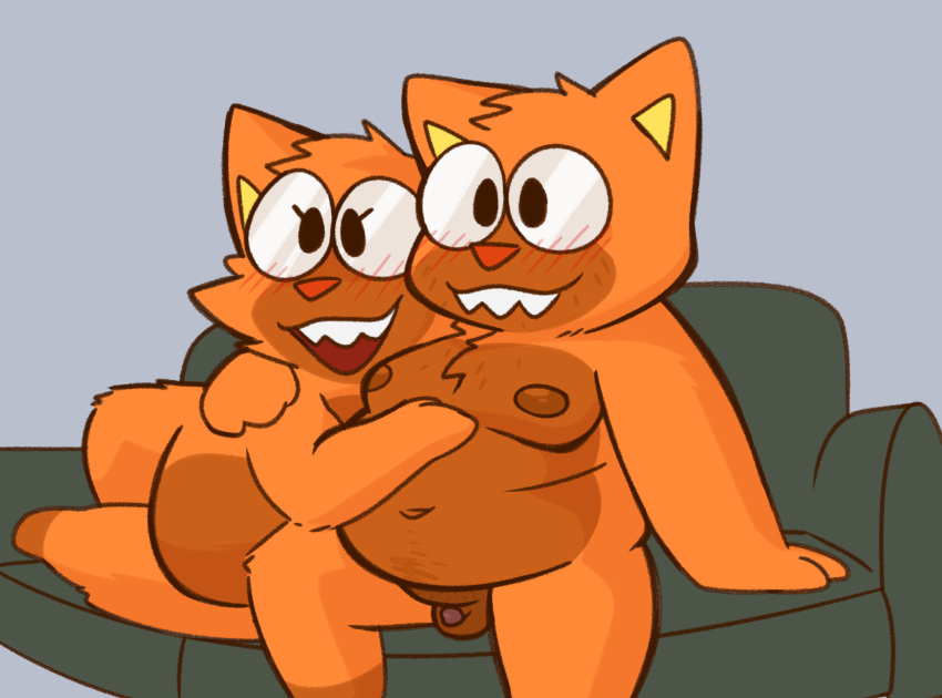 balls breasts character_request crushpepper cuddling domestic_cat eyewear felid feline felis female fur furniture glasses hi_res male mammal nipples nude orange_body orange_fur original original_character original_characters penis perilla_(crushpepper) sofa