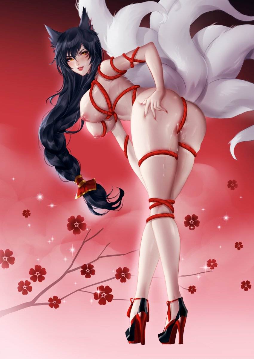 1girls 9_tails ahri big_breasts black_hair bondage breasts curvy curvy_female curvy_figure dark_hair female female_focus female_only fox fox_ears fox_girl fox_tail heels heheneko high_heels kitsune large_breasts league_of_legends leaking_pussy long_legs naked_footwear naked_heels nude presenting presenting_hindquarters rope rope_bondage shibari suggestive teasing thighs wet wet_pussy