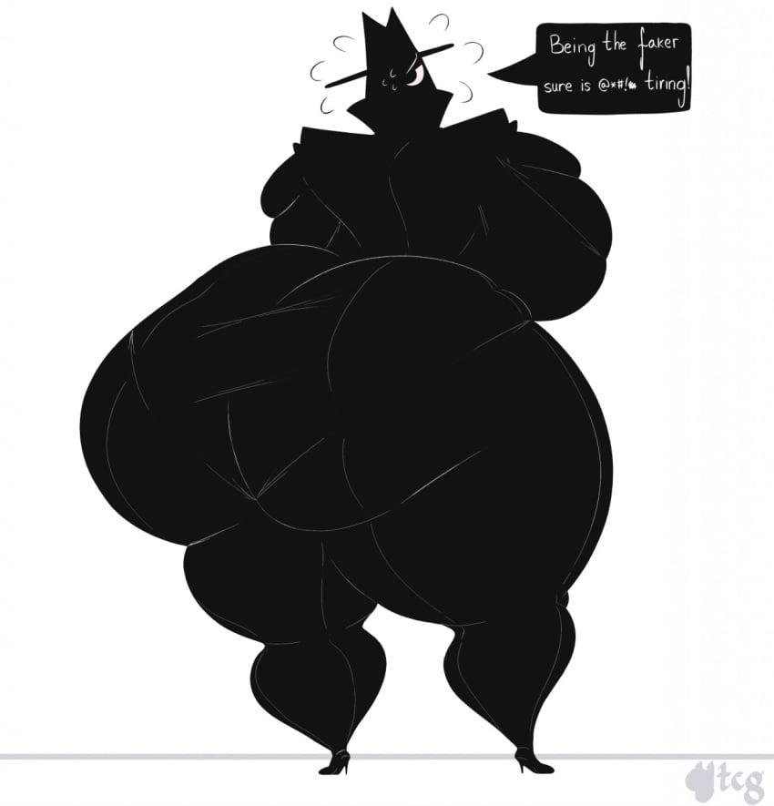 broad_shoulders cursing fakin'it grabbing_breasts high_heels huge_ass jackbox_games long_coat looking_back overweight panic_sweat pear_shaped rule_63 sebastianthebunbun text_bubble the_faker_(jackbox) the_jackbox_party_pack_3 thin_waist white_background