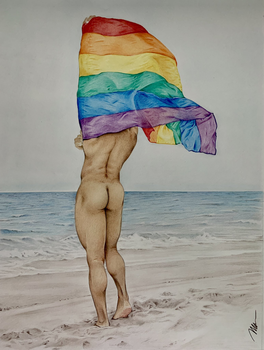 african african_male ass beach brad_welch_art butt colored_pencil_(artwork) colored_sketch instagram_model lgbt_pride male male_only melanin mickey_mccray muscles muscular muscular_male outdoors outside pencil_(artwork) pride_colors pride_flag real_person