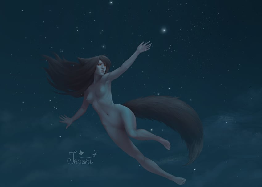 1girls breasts brown_hair completely_nude fox_ears fox_girl fox_tail insant kate-fox long_hair moon moonlight night nude nude_female star stars yellow_eyes