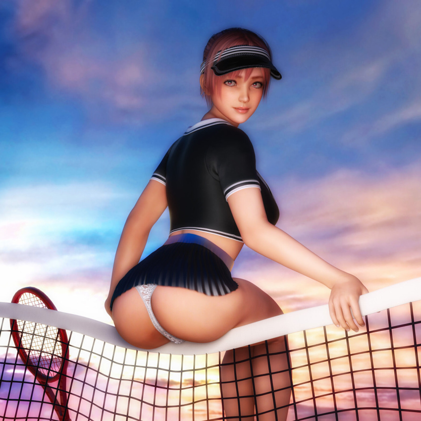 1girls 2021 3d black_shirt black_skirt female female_only human human_only large_breasts light-skinned_female light_skin looking_at_viewer looking_back panties pink_hair seated shirt silky58 sitting skirt slushe_(website) solo solo_female tennis_racket white_panties