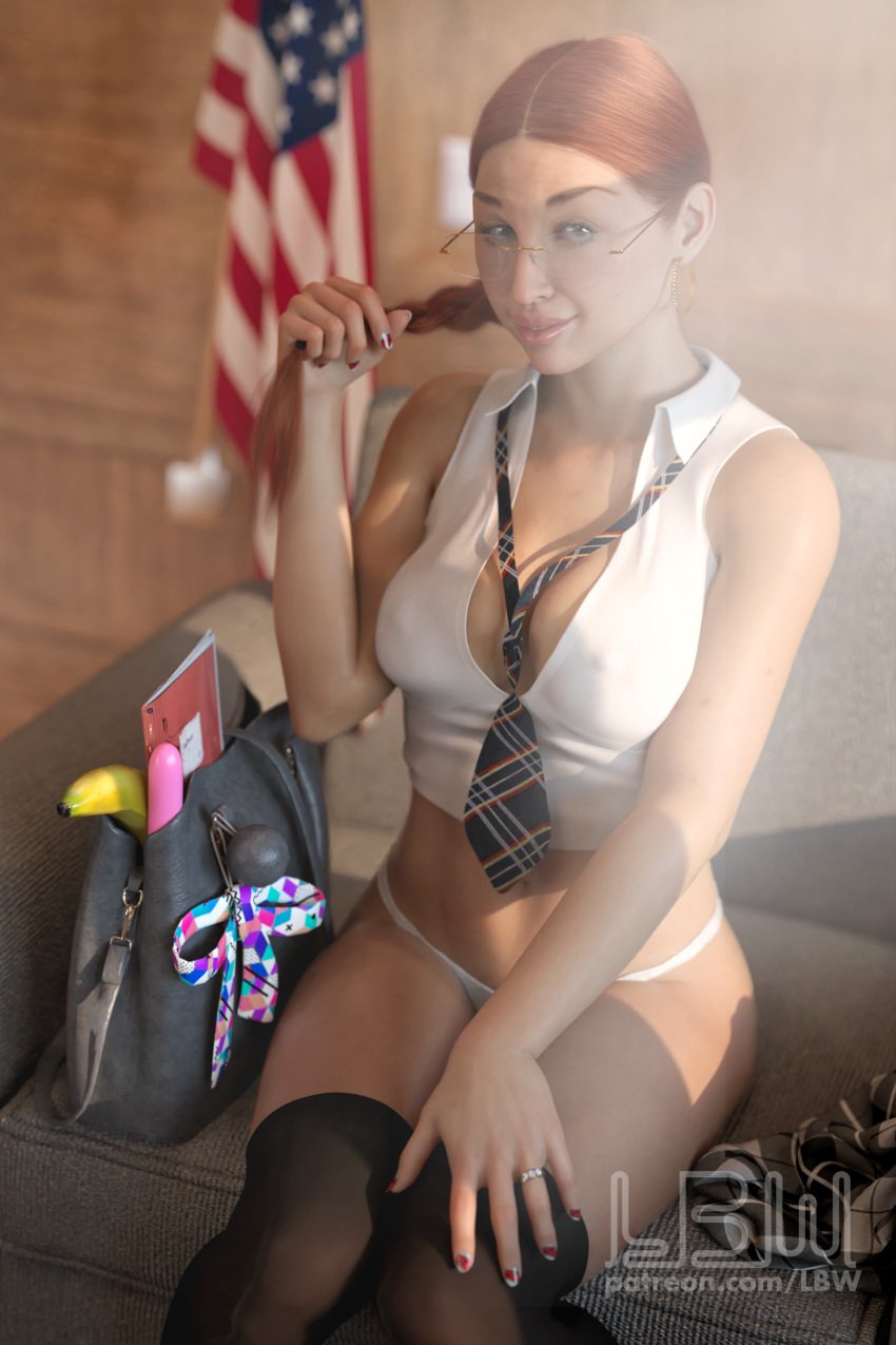 1girls 2022 3d black_kneehighs braid cute depth_of_field female female_only glasses kneehighs lbw looking_at_viewer medium_breasts nipple_bulge nipples_visible_through_clothing no_bra panties ponytail seated sitting slushe_(website) solo solo_female white_panties