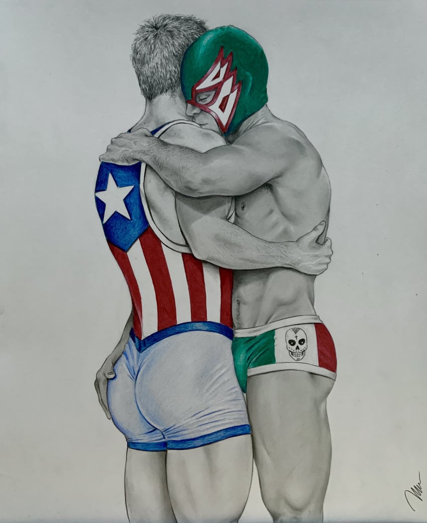 ass ass_grab brad_welch_art butt embracing gay lucha_libre male male_only masked muscles muscular muscular_male pencil_(artwork) see-through sketch wrestler wrestling