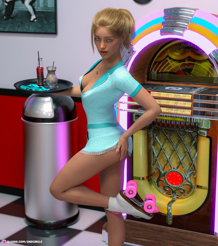 1girls 2020 2c3d 3d blonde_hair cleavage clothed clothing depth_of_field female female_only indoors jukebox looking_at_viewer medium_breasts nipple_slip pink_nails pinup ponytail public roller_skates slushe_(website) solo solo_female standing waitress