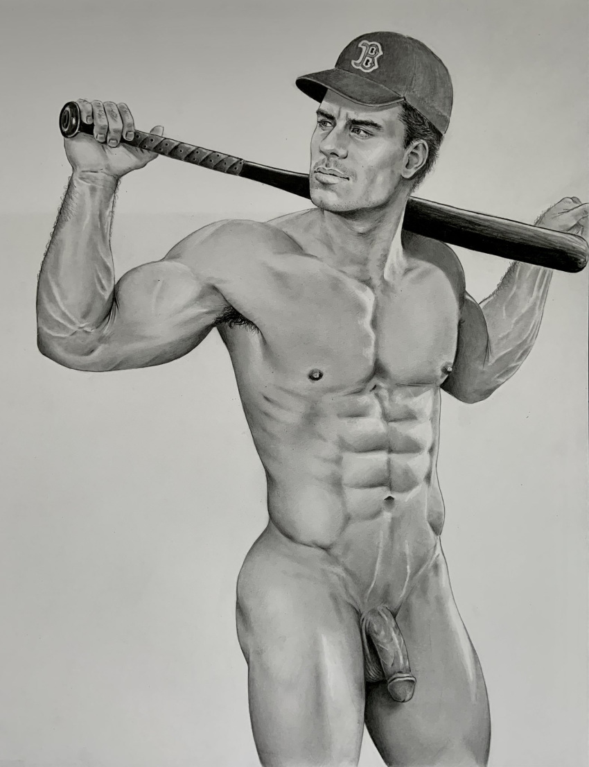 1boy baseball baseball_bat baseball_player black_and_white brad_welch_art caucasian caucasian_male circumcised flaccid flaccid_penis gay_pornstar graphite_(artwork) looking_away male male_only muscles muscular muscular_male pencil_(artwork) penis phil_bradley_(pornstar) porn_star posing real_person shaved_crotch shaved_penis sketch smooth_skin solo solo_male uncolored veiny_penis