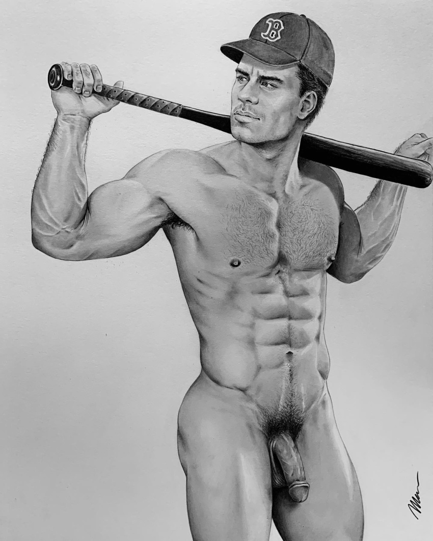 1boy baseball baseball_bat baseball_player black_and_white brad_welch_art caucasian caucasian_male circumcised flaccid flaccid_penis gay_pornstar graphite_(artwork) hairy_chest looking_away male male_only muscles muscular muscular_male pencil_(artwork) penis phil_bradley_(pornstar) porn_star posing pubes real_person sketch solo solo_male uncolored veiny_penis