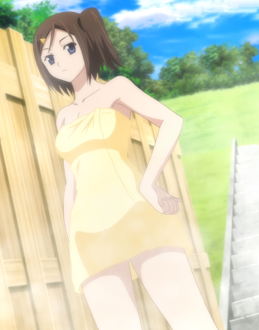 1girls blue_eyes breasts brown_hair cleavage female female_only gokukoku_no_brynhildr hand_on_hip hatsuna_wakabayashi hi_res legs medium_breasts pose posing screencap side_ponytail stitched thighs towel