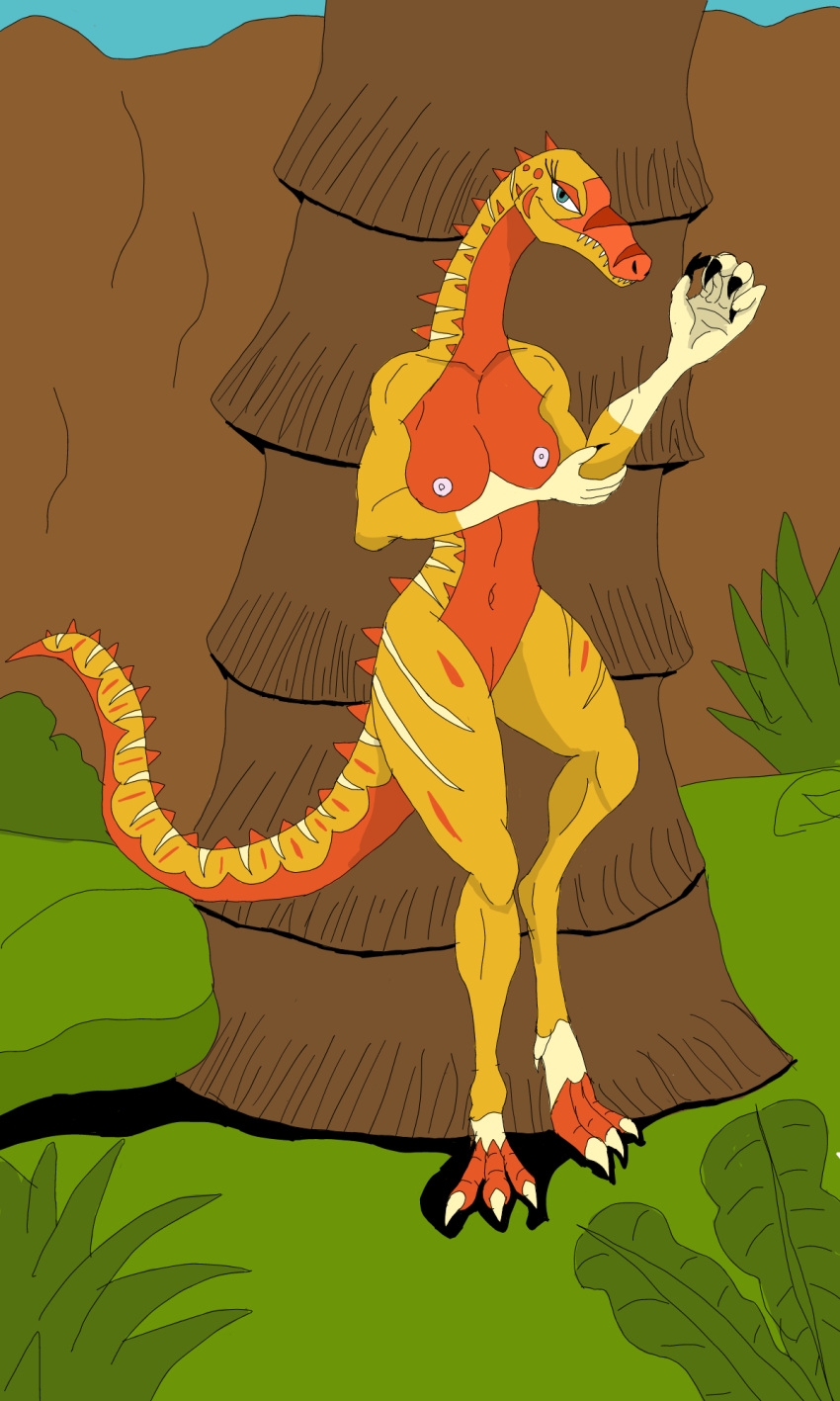 anthro breasts crazy-fox detailed_background dinosaur dinosaur_train eoraptor erma_eoraptor female genitals hi_res humanoid plant pussy reptile scalie solo tree