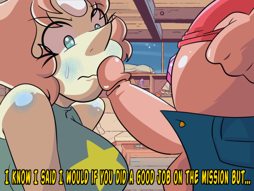 alien_girl alternate_breast_size artlaccer_(artist) big_penis dialogue english_text gem_(species) nervous pearl_(steven_universe) penis_on_face penis_on_lips penis_out short_hair steven_quartz_universe steven_universe younger_male