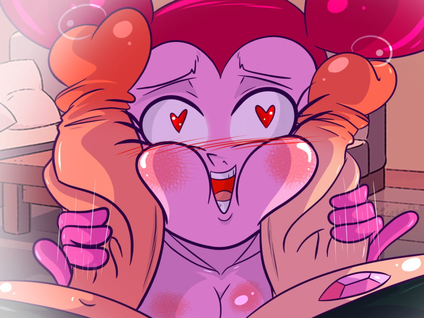 artlaccer_(artist) big_penis breasts cartoon_network cock_hungry detailed_background double_handjob gem_(species) gloved_handjob gloves greg_universe heart-shaped_pupils penis_grab penis_on_cheek pink_hair pink_skin precum reset_spinel_(steven_universe) spinel_(steven_universe) steven_quartz_universe steven_universe steven_universe:_the_movie veiny_penis