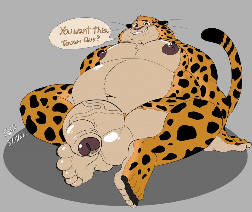 anthro balls benjamin_clawhauser big_balls big_nipples big_penis cheetah chubby_anthro chubby_cheeks chubby_male dialogue disney feet felid feline foreskin genitals male mammal moobs nipples penis rxq sitting smile smug solo zootopia