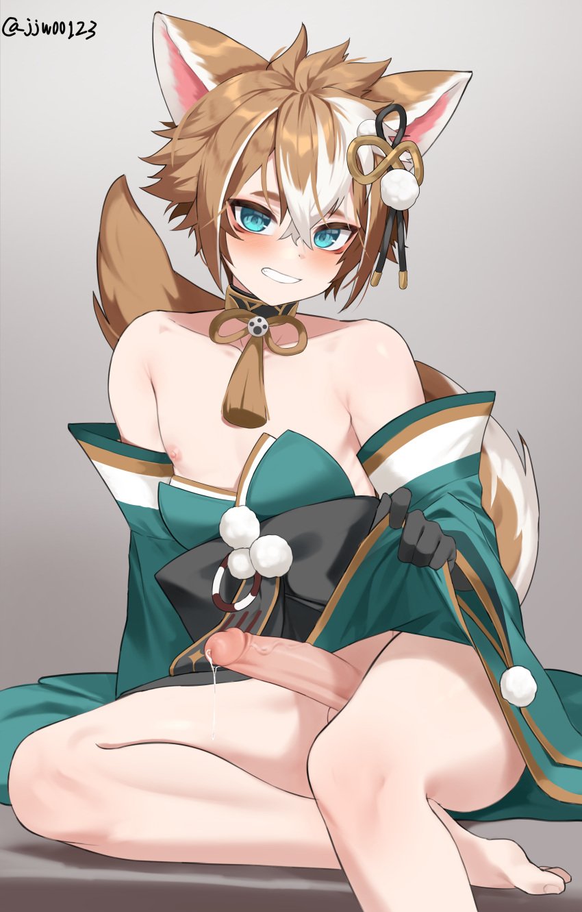 1boy absurd_res animal_ears blue_eyes blush brown_hair erection eye_contact femboy g1_(artist) genshin_impact girly gorou_(genshin_impact) high_resolution humanoid long_ears looking_at_viewer male male_only penis short_hair solo solo_feral solo_male tail thick_thighs thighs two_tone_hair