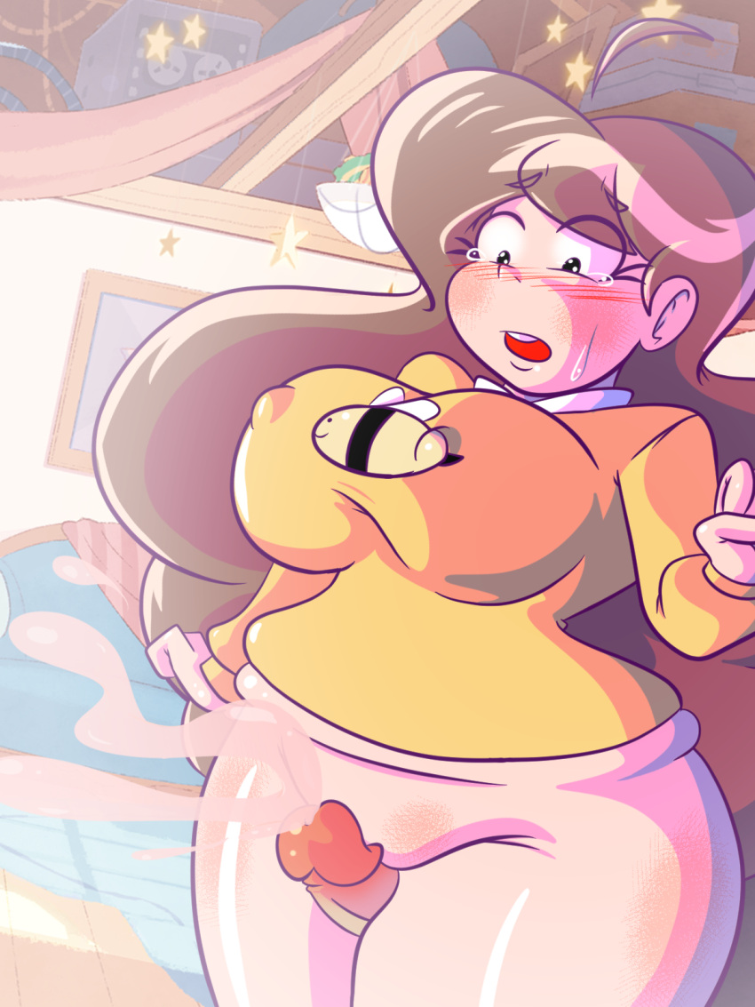 artlaccer_(artist) bee_(bee_and_puppycat) bee_and_puppycat big_breasts blush blush brown_hair chubby chubby_female crying crying_with_eyes_open curvy nipple_bulge no_pants open_mouth tears thick_thighs thigh_sex very_long_hair voluptuous