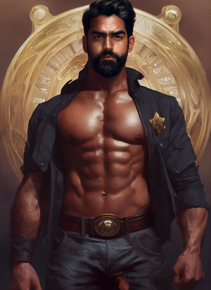 actor ai_generated beard celebrity flaccid flaccid_penis hole_in_pants in_character looking_at_viewer male male_only melanin midjourney midnight_mass muscles muscular muscular_male open_shirt penis_out penis_peek rahul_kohli sheriff sheriff_hassan