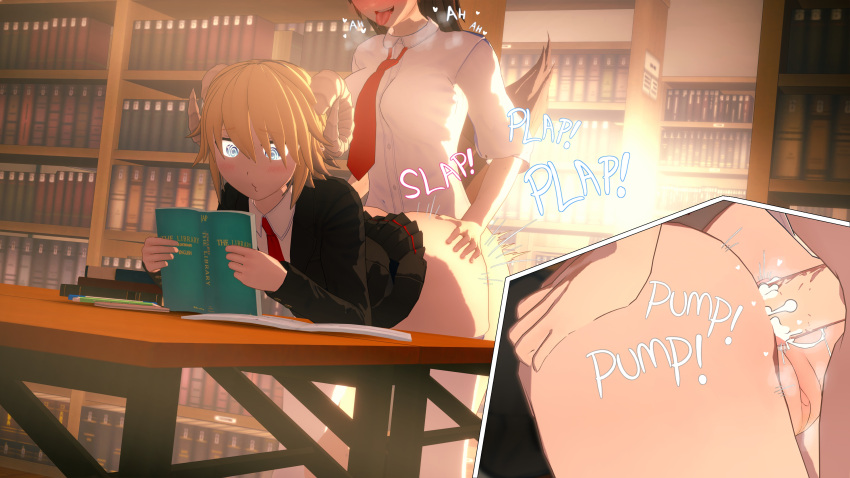 3d_(artwork) anal anal_sex ass ass_grab blonde_hair blue_eyes breasts brown_hair close-up droibles1 ejaculation futa_on_female futanari goat_girl goat_horns hypnosis kemonomimi koikatsu oblivious rape school_uniform wolf_girl wolf_tail