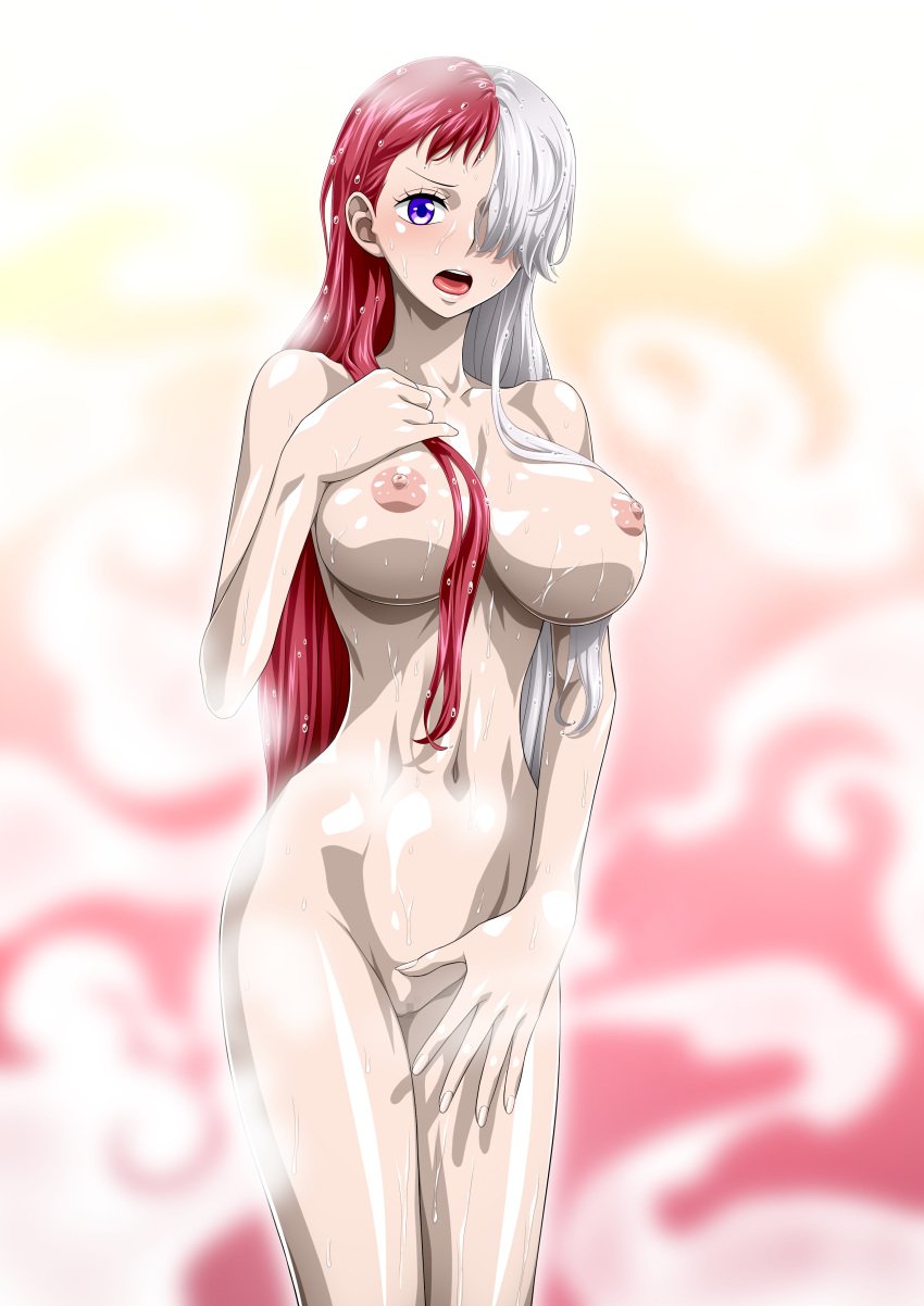 big_breasts blush breasts censored female female_only nel-zel_formula one_piece red_hair shower showering tagme uta_(one_piece) white_hair