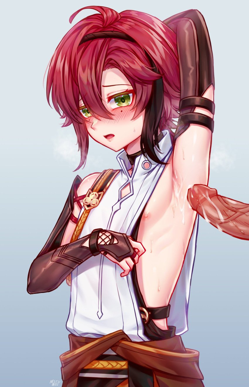 2boys absurdres arm_up armor armpit_fetish armpit_sex armpits blush cum cum_on_armpit femboy genshin_impact green_eyes hair_between_eyes hair_ornament highres japanese_armor japanese_clothes male male_focus male_only mizumizzumiz mole mole_under_eye multicolored_hair multiple_boys open_mouth penis red_hair shikanoin_heizou short_hair streaked_hair testicles uncensored