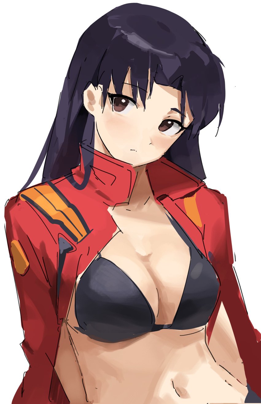 1girls adult belly belly_button big_breasts bikini_top bra breasts cute cute_face dark_hair female female_only jacket large_breasts looking_at_viewer mature_female milf misato_katsuragi neon_genesis_evangelion no_sex older_female purple_hair red_clothing sfw tagme tlex022 tummy white_background