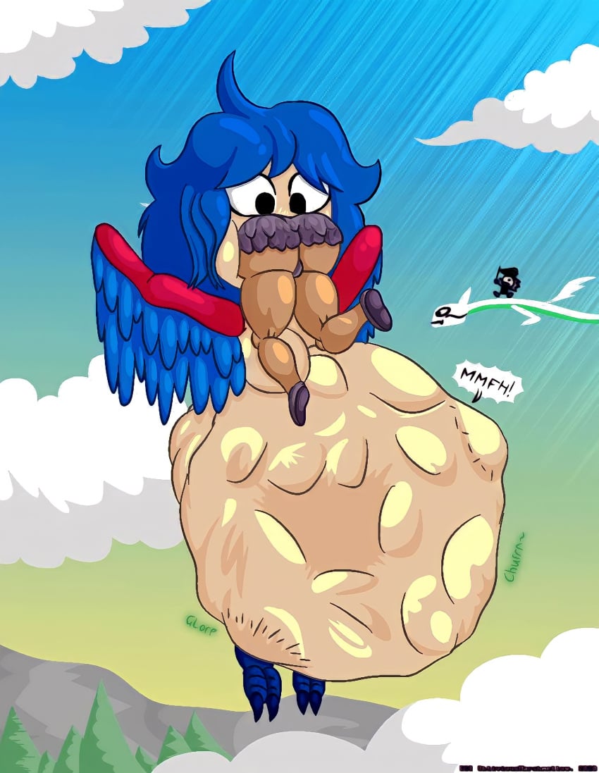 belly belly_bulge belly_button belly_expansion belly_inflation bird bird_feet bird_girl black_eyes blue_hair feather_hair feathered_wings feathers harpy harpy_(terraria) harpy_girl harpy_humanoid nipple_covers oddballextraordinare red_feathers sky stomach stomach_bulge stomach_deformation stomach_inflation terraria tummy tummy_bulge tummy_squish vore vore_warning