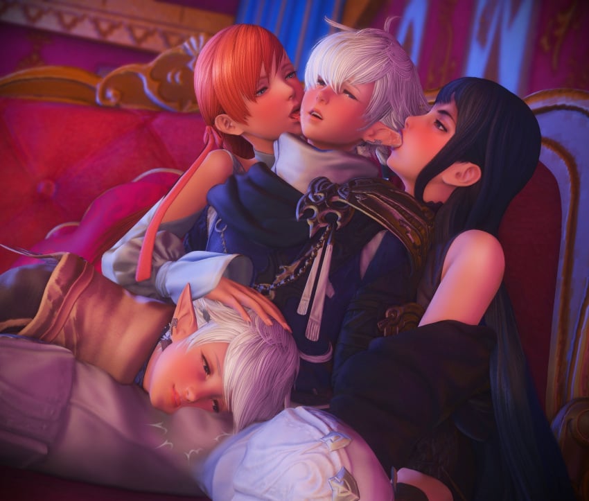 1boy 3d 3d_(artwork) 3girls alisaie_leveilleur alphinaud_leveilleur biting black_hair blue_eyes blush brother_and_sister bulge clothed couch ear_biting female final_fantasy final_fantasy_xiv gaia_(ffxiv) hair_ribbon incest kayuri licking long_hair multiple_girls open_mouth orange_hair pointy_ears ryne_waters short_hair smile square_enix white_hair