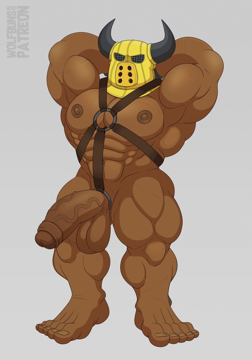 arms_up balls bara big_balls big_penis bracelet cock_ring dragon_quest hands_behind_head harness horns male male_only mask masked muscles muscular penis solo solo_male thug_(dragon_quest) wolfbuns