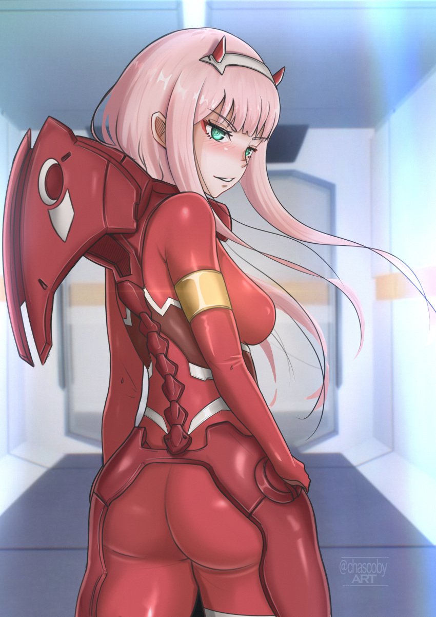 1girls big_breasts breasts chascoby darling_in_the_franxx latex light-skinned_female pale-skinned_female pink_hair solo solo_female zero_two_(darling_in_the_franxx)